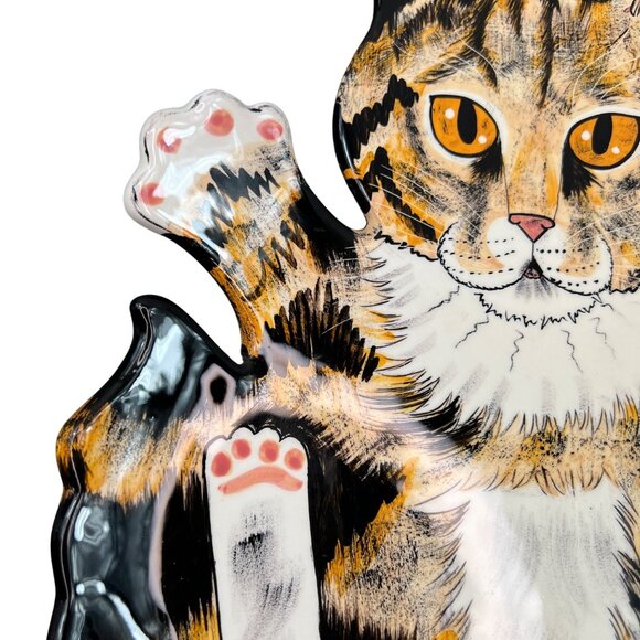 Cats by Nina Lyman Ceramic Cat Shaped Plate Platter Orange Black Calico - Picture 3 of 12